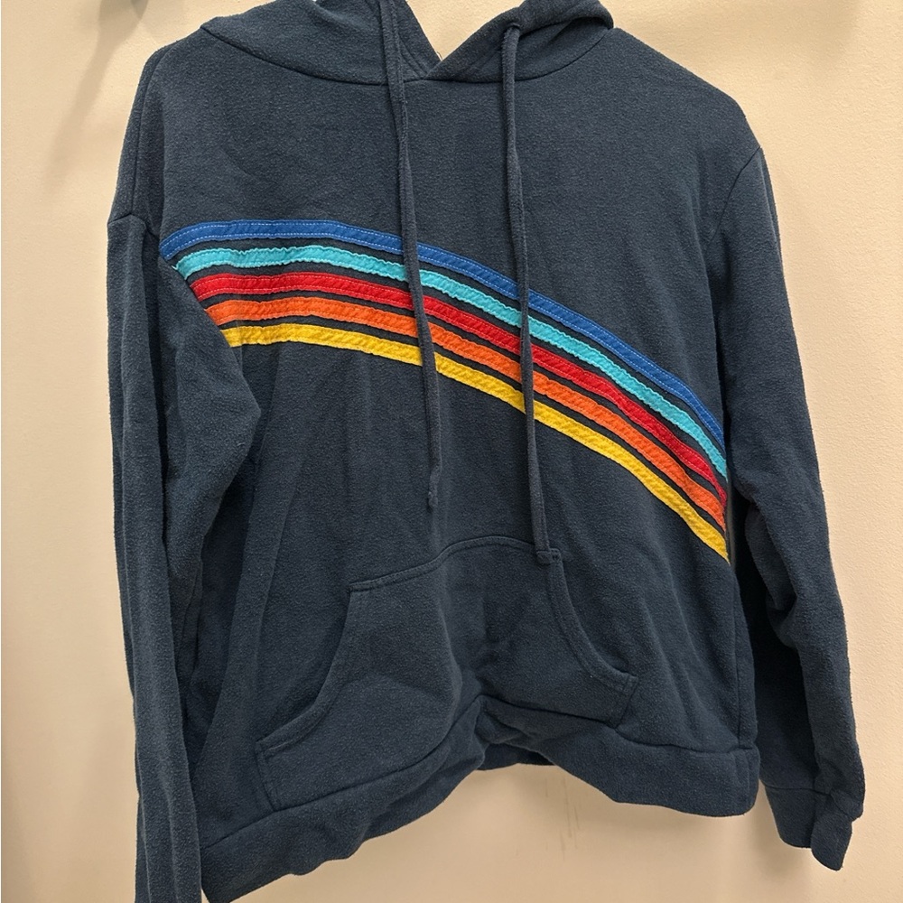 Women’s Navy Hoodie with Rainbow Stripes